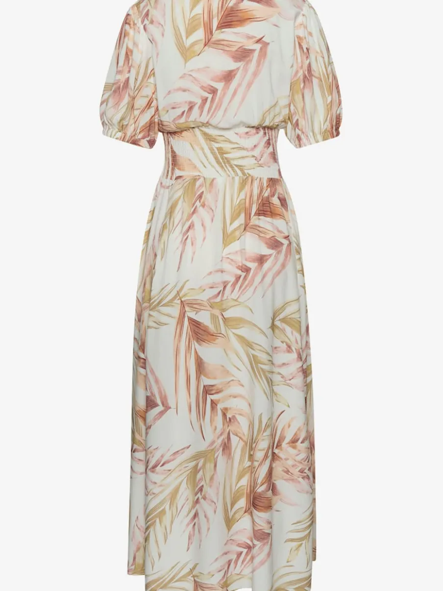Robe longue à encolure en V avec manches courtes et imprimé tropical