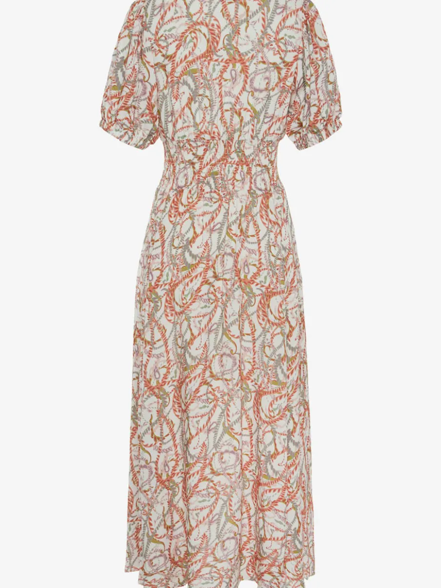 Robe longue à encolure en V avec manches bouffantes et empiècement smocké