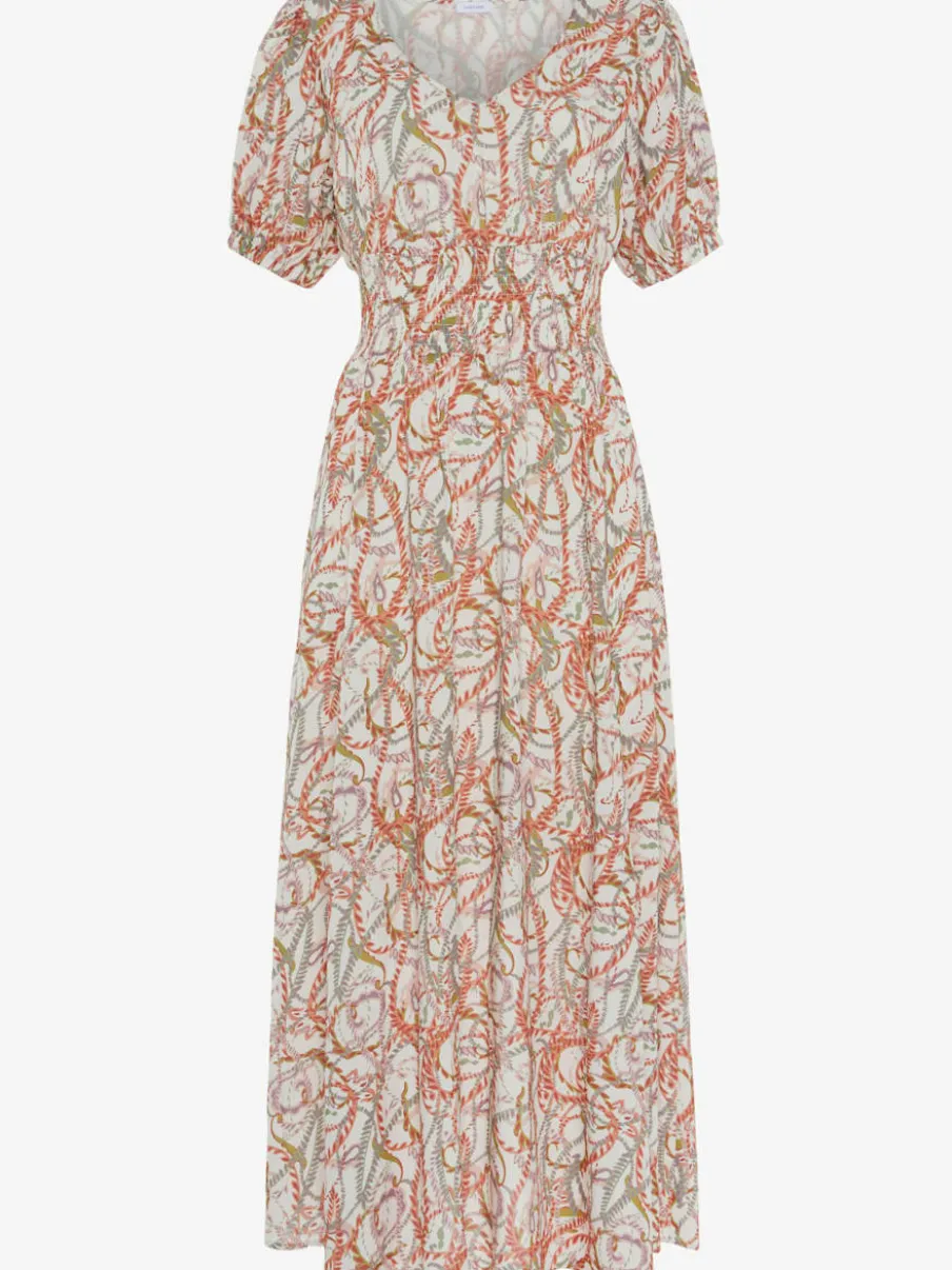 Robe longue à encolure en V avec manches bouffantes et empiècement smocké