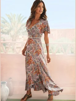 Robe longue encolure en V avec fente imprimée en jersey viscose