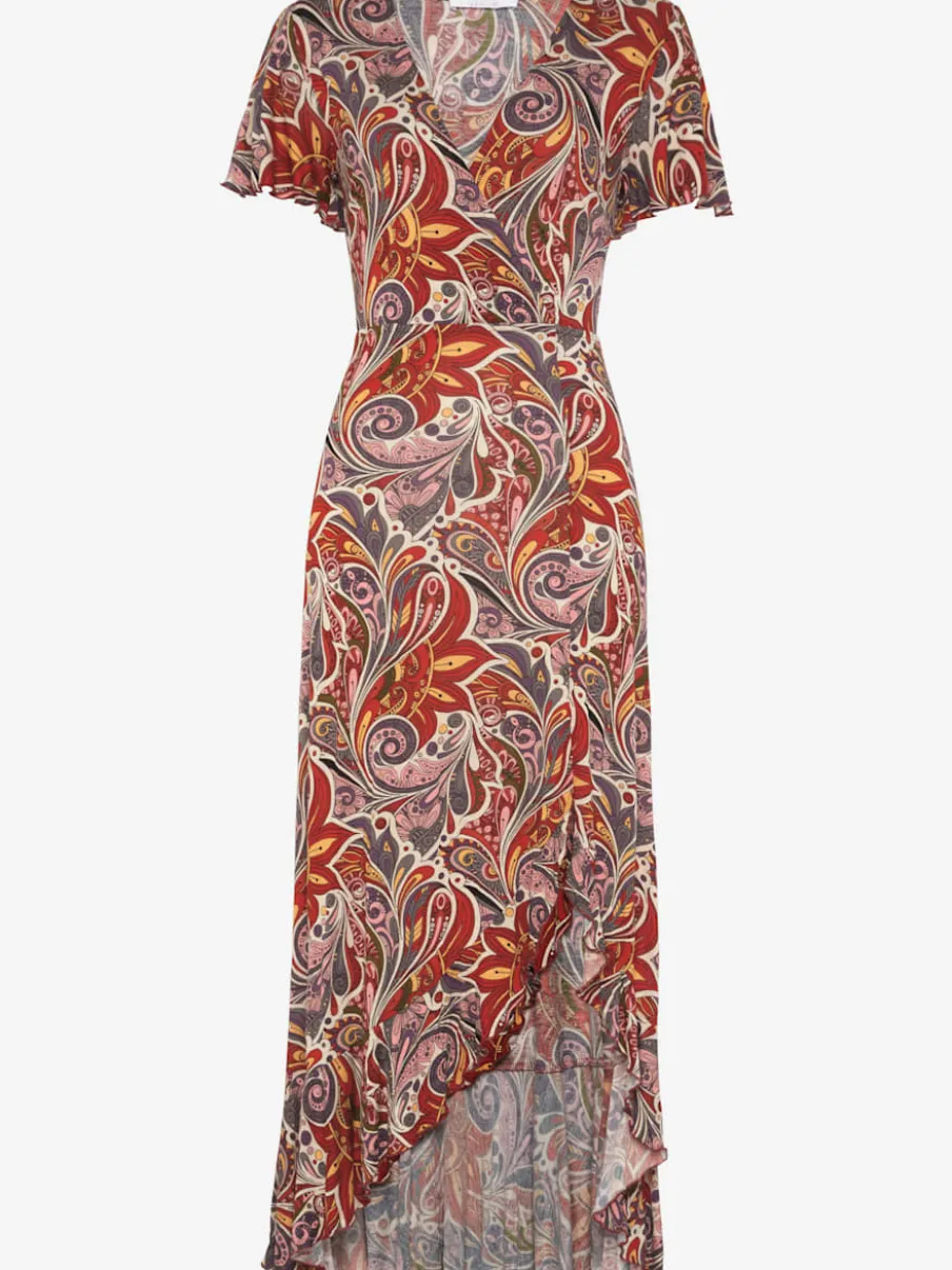 Robe longue encolure en V avec fente imprimée en jersey viscose