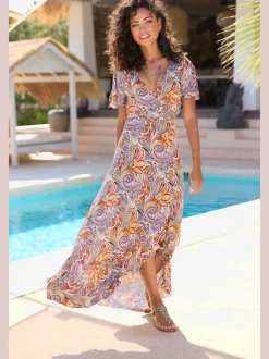 Robe longue encolure en V avec fente imprimée en jersey viscose