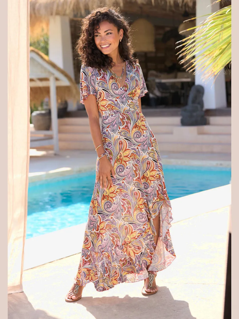 Robe longue encolure en V avec fente imprimée en jersey viscose
