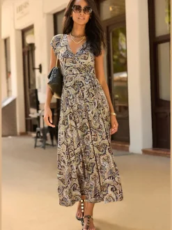 Robe longue encolure en V effet cache-cœur avec ceinture amovible et imprimé unique