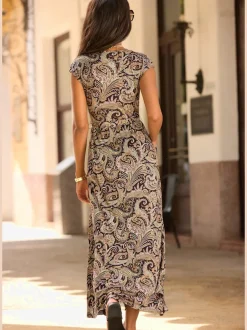 Robe longue encolure en V effet cache-cœur avec ceinture amovible et imprimé unique