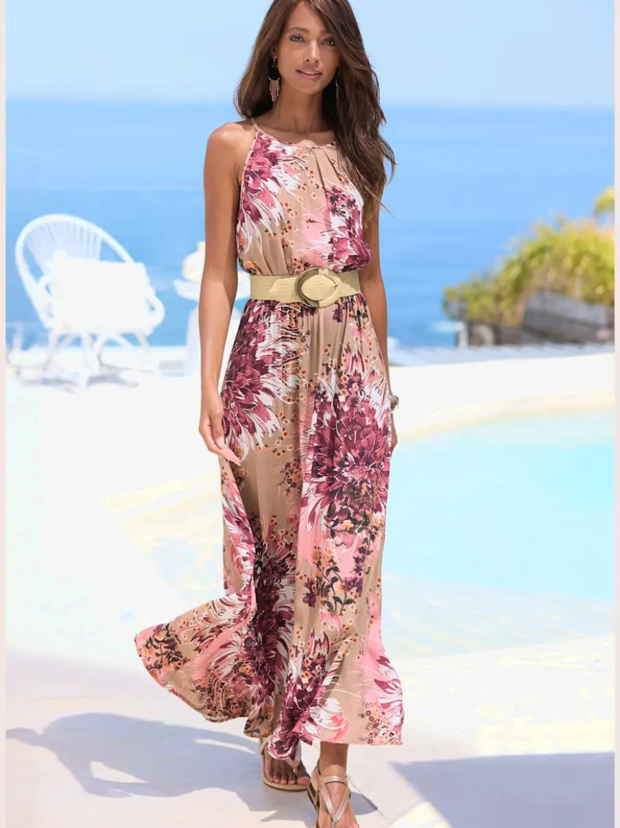 Robe longue à encolure froncée avec imprimé fleuri et taille élastiquée