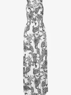 Robe longue à encolure réglable avec motifs spirales et taille smockée