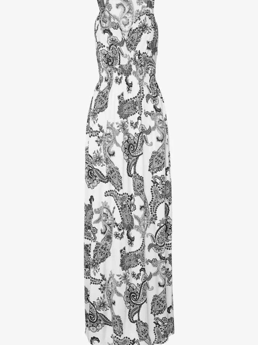 Robe longue à encolure réglable avec motifs spirales et taille smockée