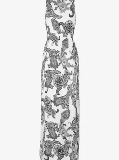 Robe longue à encolure réglable avec motifs spirales et taille smockée