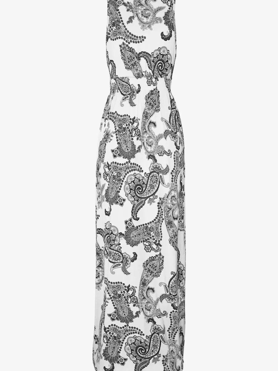 Robe longue à encolure réglable avec motifs spirales et taille smockée