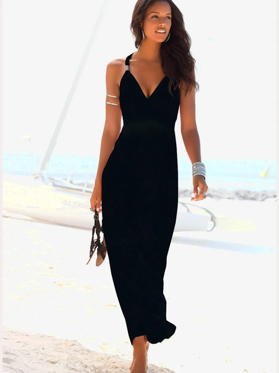 Robe longue à encolure réglable avec taille smockée et bretelles spirales