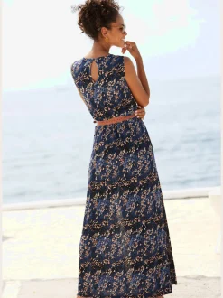 Robe longue à encolure ronde avec fente élastiquée