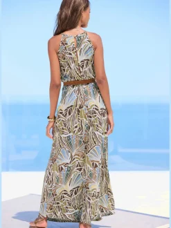 Robe longue à encolure ronde avec imprimé floral et taille élastiquée