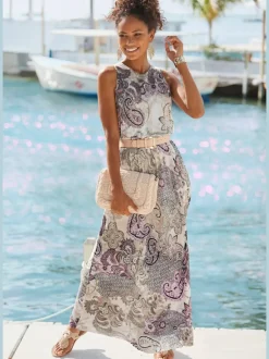 Robe longue à encolure ronde avec motif paisley et fente latérale