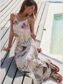Robe longue à encolure ronde et motif floral en jersey viscose
