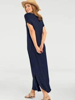Robe longue à encolure V avec manches courtes et poches latérales