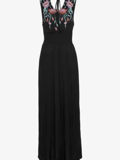Robe longue encolure V avec motifs brodés sur le devant