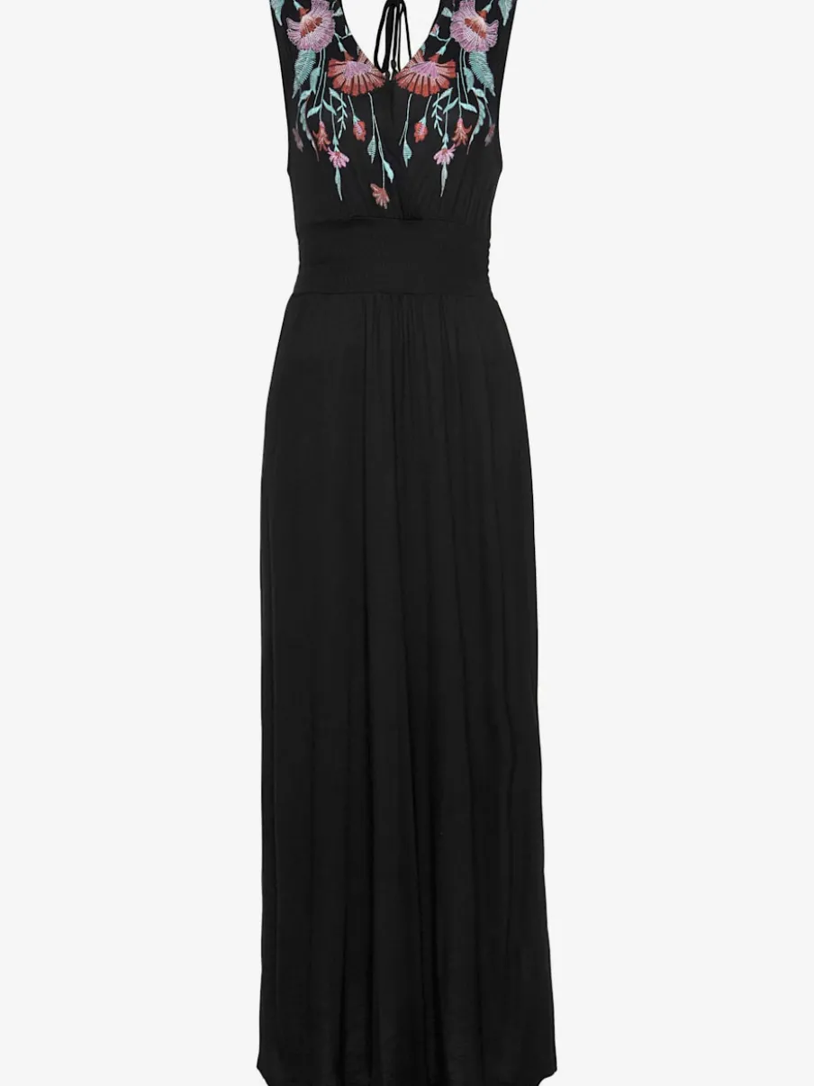 Robe longue encolure V avec motifs brodés sur le devant