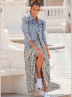 Robe longue encolure v imprimé discret et manches bouffantes