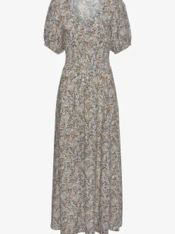 Robe longue encolure v imprimé discret et manches bouffantes