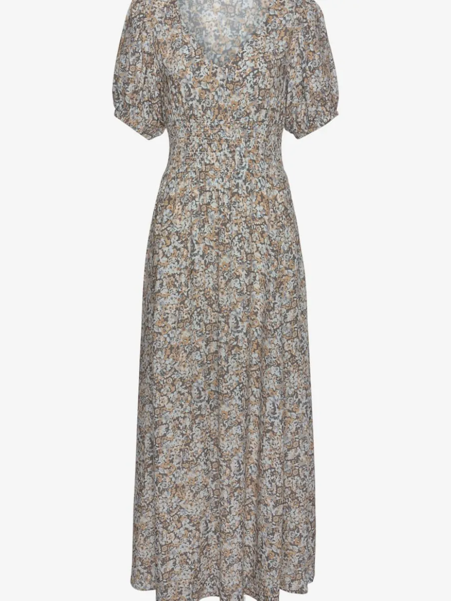 Robe longue encolure v imprimé discret et manches bouffantes