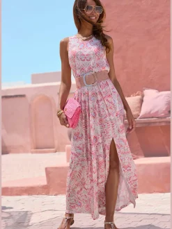 Robe longue en jersey avec encolure ronde et fente élégante