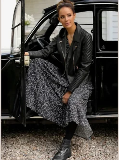 Robe longue à imprimé floral avec manches longues élastiquées et jupe évasée
