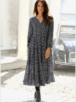 Robe longue à imprimé floral avec manches longues élastiquées et jupe évasée