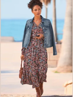 Robe longue à imprimé floral volants et manches élastiquées