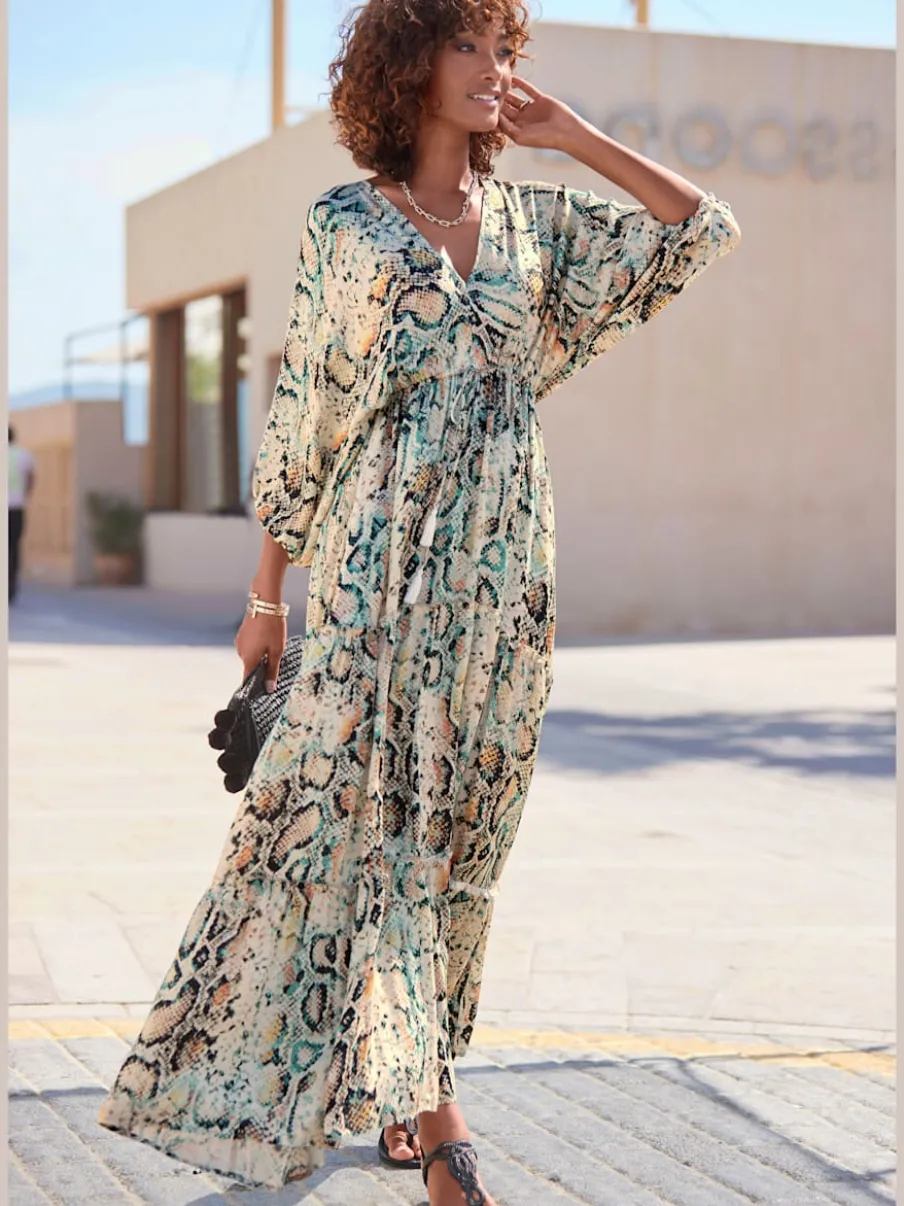 Robe longue évasée à imprimé animal en viscose douce
