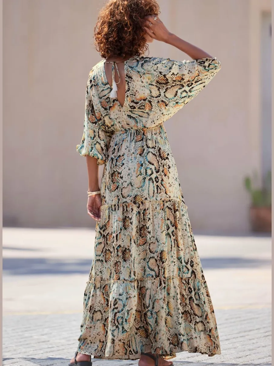 Robe longue évasée à imprimé animal en viscose douce