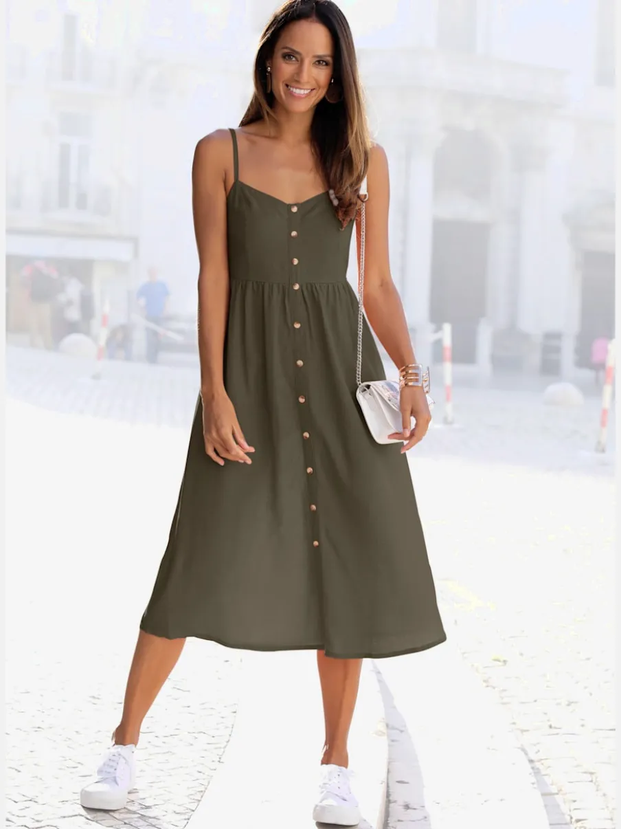 Robe midi avec empiècement smoké et boutons devant