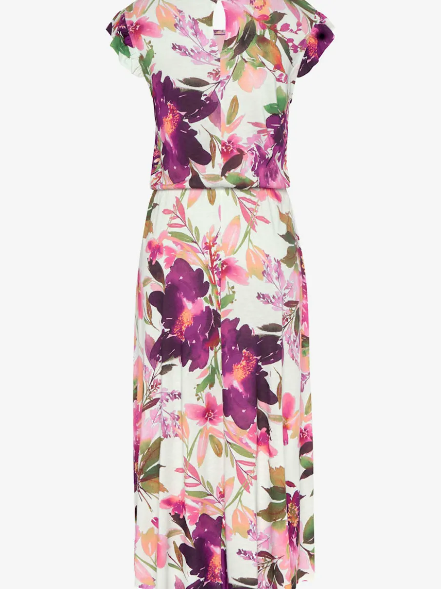Robe midi imprimée fleurs avec manches courtes chauve-souris