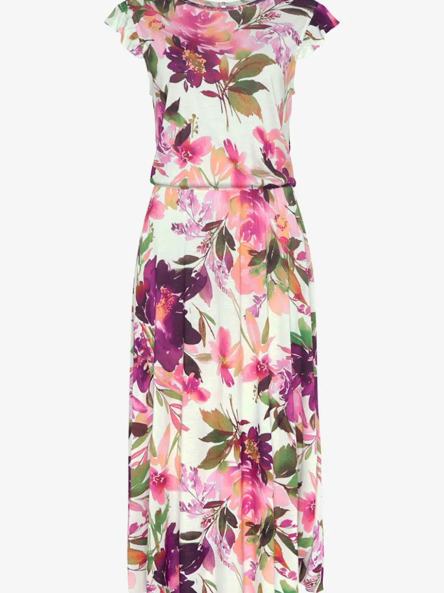 Robe midi imprimée fleurs avec manches courtes chauve-souris
