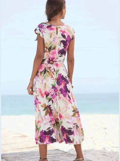 Robe midi imprimée fleurs avec manches courtes chauve-souris