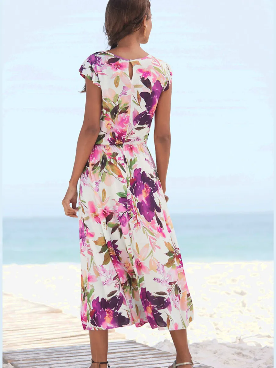 Robe midi imprimée fleurs avec manches courtes chauve-souris