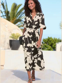 Robe midi à petit col chemisier avec manches courtes et imprimé floral