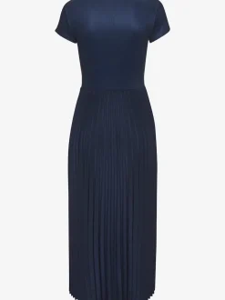 Robe mi-longue avec jupe plissée et col rond