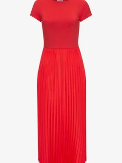 Robe mi-longue avec jupe plissée et col rond