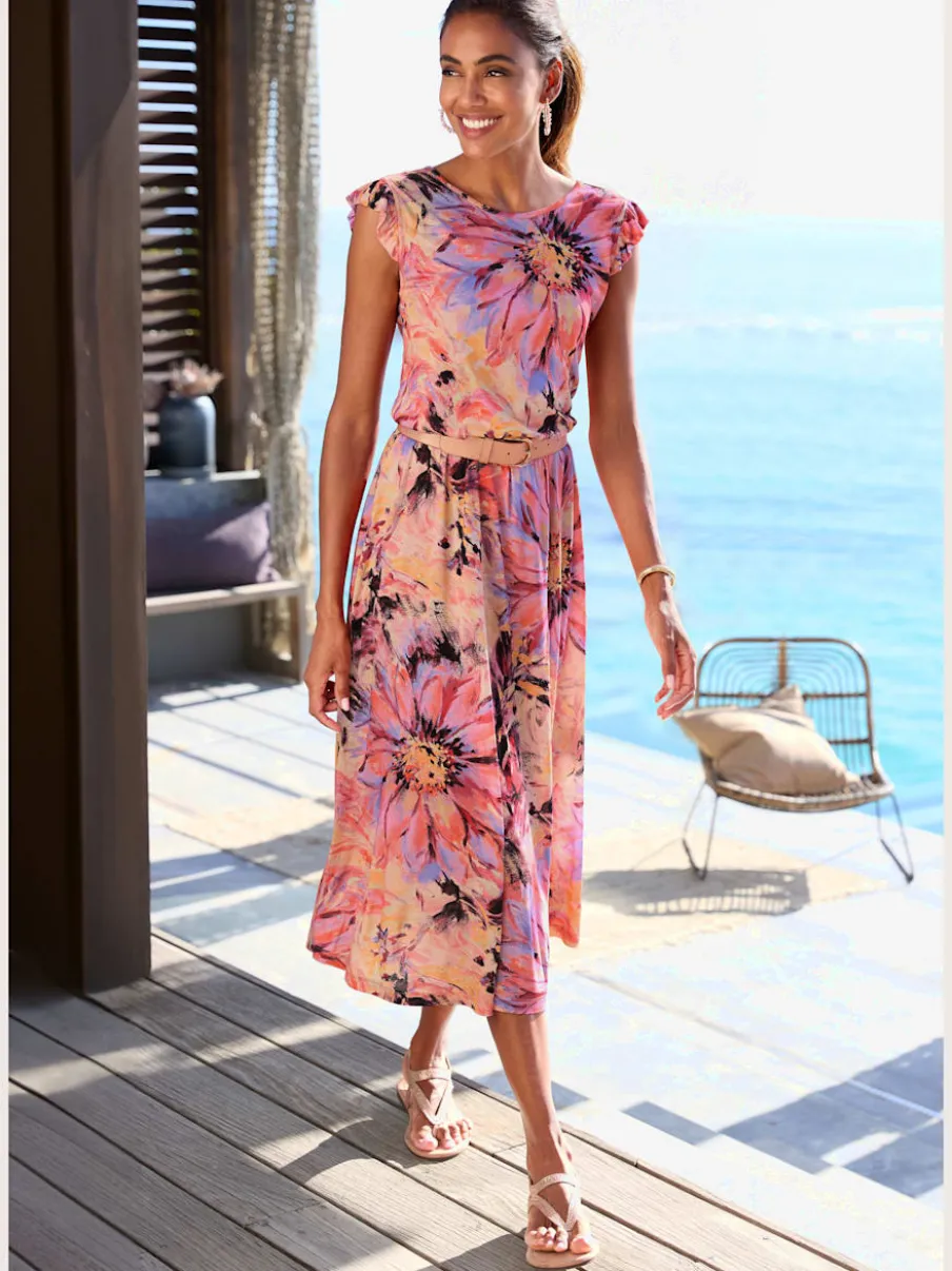 Robe mi-longue avec manches chauve-souris et imprimé floral