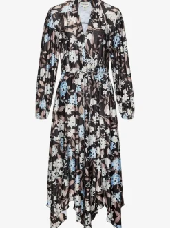 Robe mi-longue à col V et manches longues élastiques avec motifs floraux