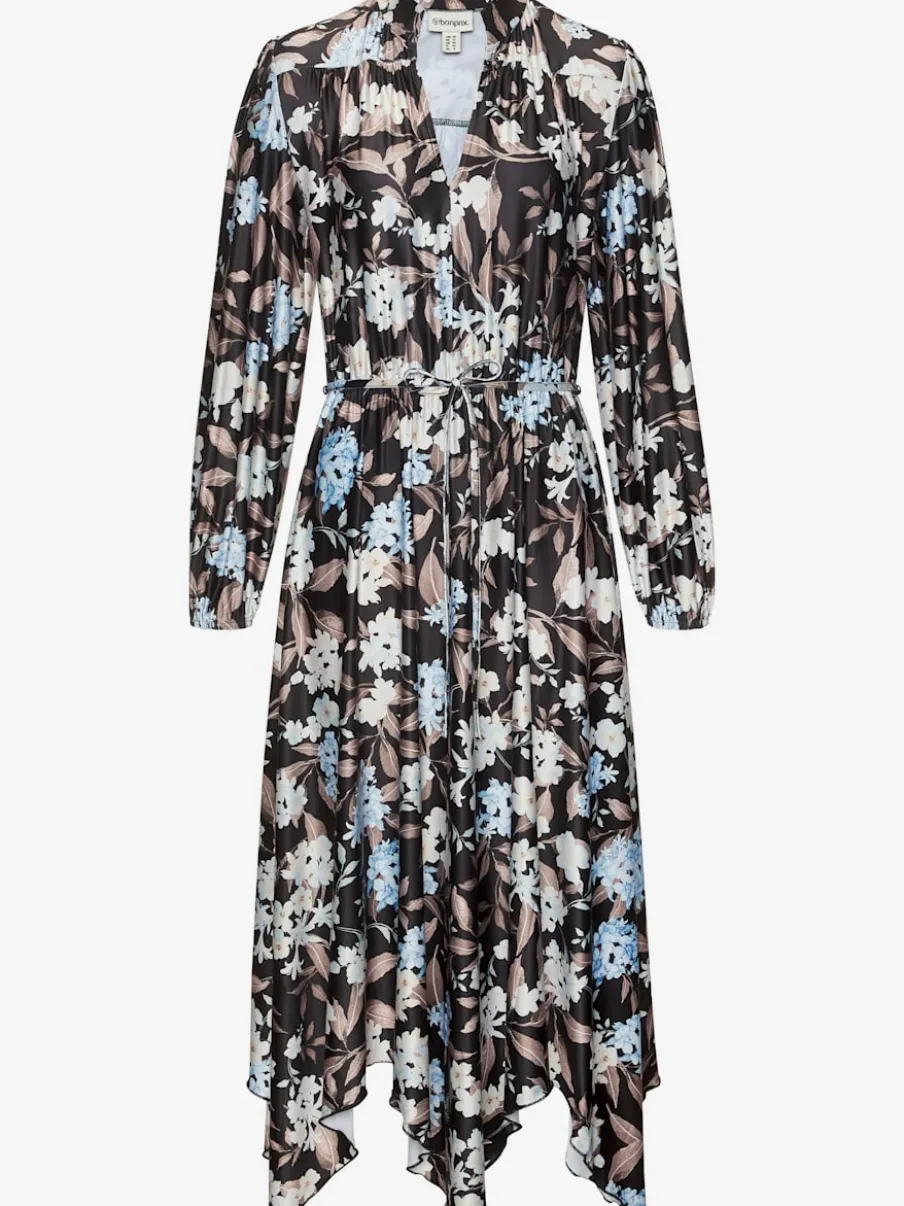Robe mi-longue à col V et manches longues élastiques avec motifs floraux