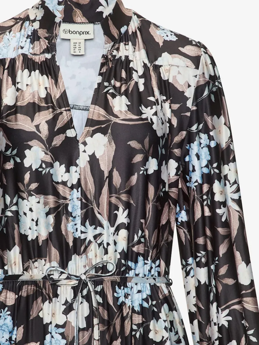 Robe mi-longue à col V et manches longues élastiques avec motifs floraux