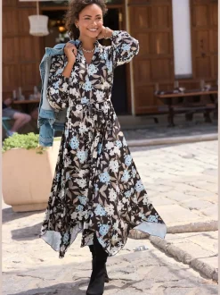 Robe mi-longue à col V et manches longues élastiques avec motifs floraux