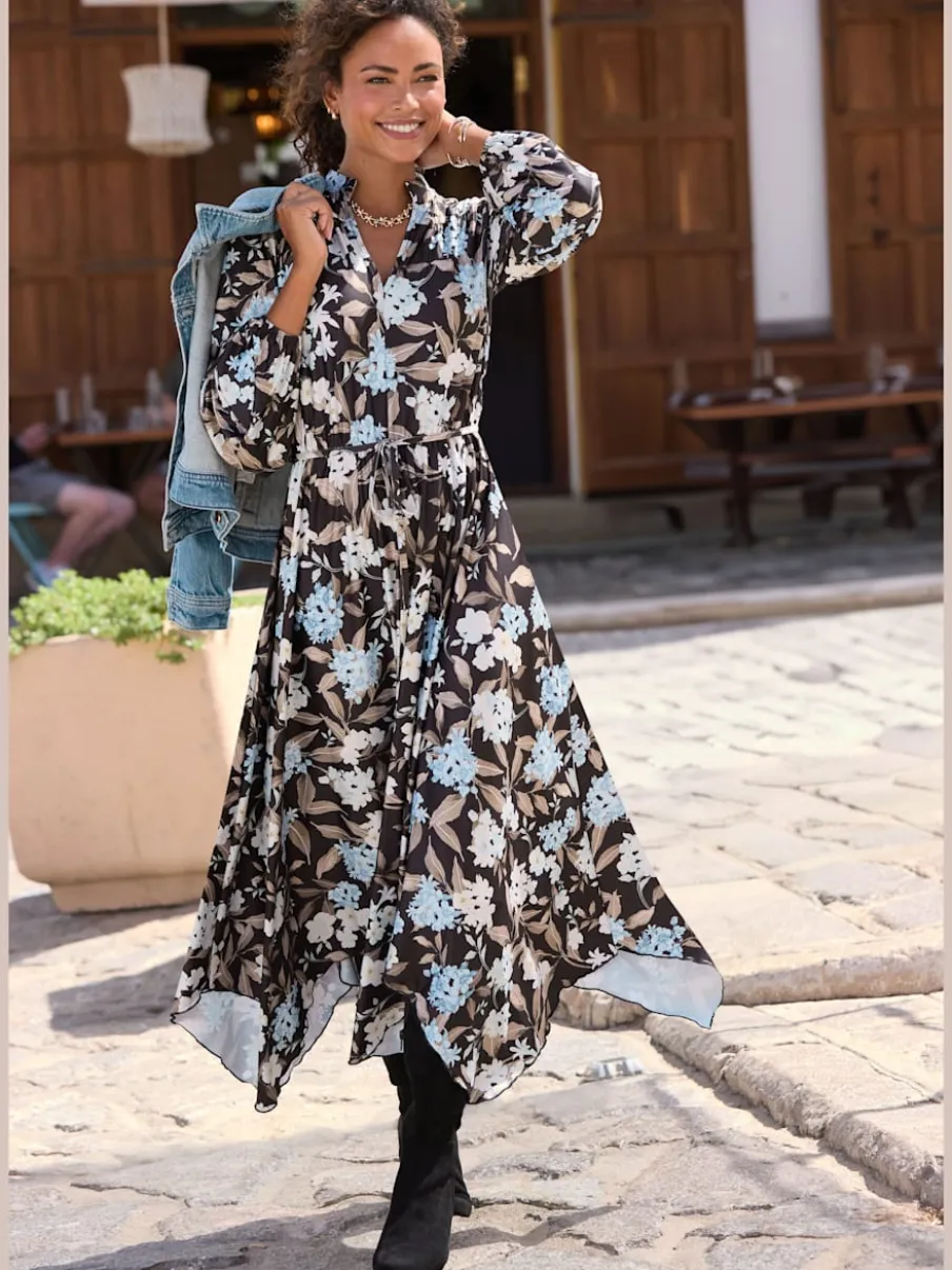 Robe mi-longue à col V et manches longues élastiques avec motifs floraux