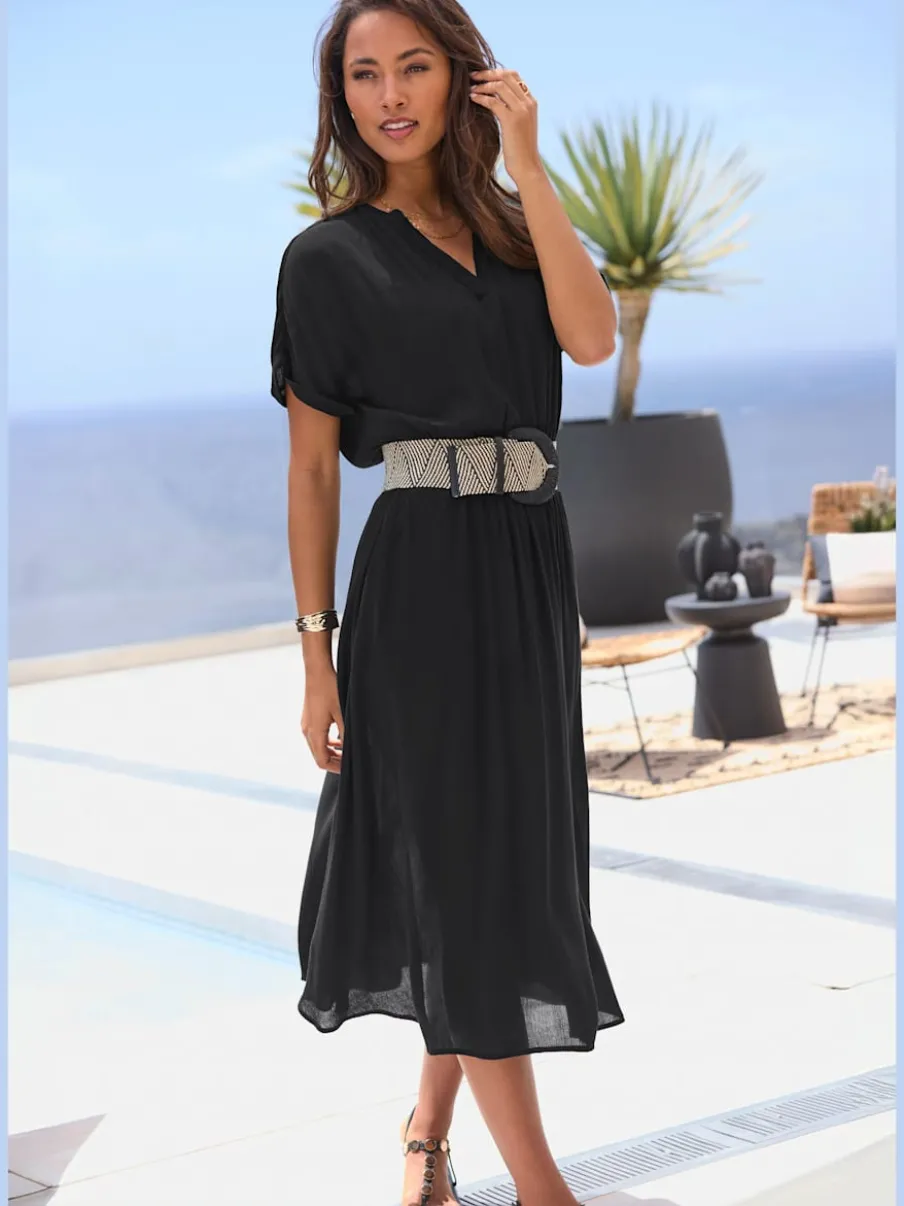 Robe mi-longue encolure ronde avec petit V et ceinture ajustable