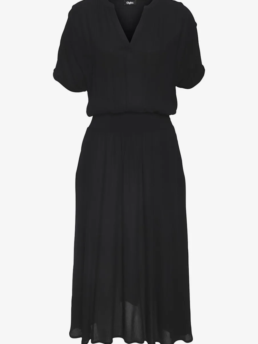 Robe mi-longue encolure ronde avec petit V et ceinture ajustable