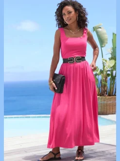 Robe mi-longue en jersey avec encolure droite et poches