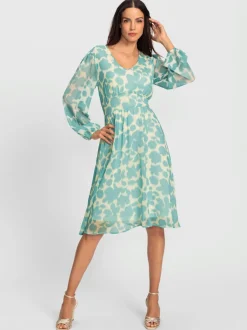 Robe à motif floral col V manches longues élastiquées