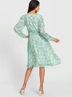 Robe à motif floral col V manches longues élastiquées